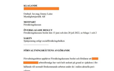 Vår klient beviljas hel sjukpenning efter bifall i förvaltningsrätten