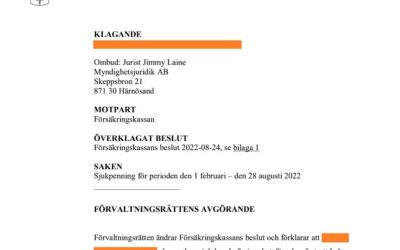 Vår klient beviljas hel sjukpenning efter bifall i förvaltningsrätten