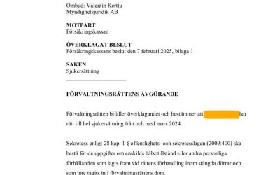 Vår klient beviljas hel sjukersättning efter bifall i förvaltningsrätten