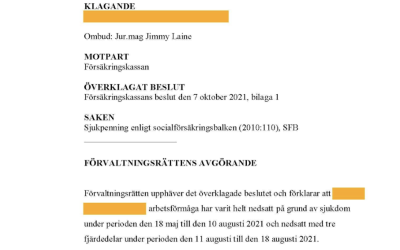 Vår klient med svår smärtproblematik beviljas hel sjukpenning