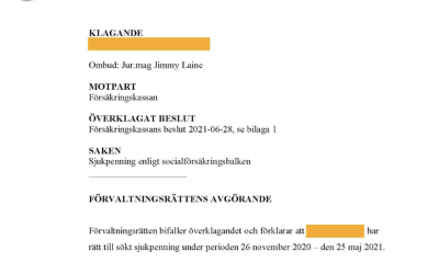 Vår klient beviljas hel sjukpenning efter bifall i förvaltningsrätten